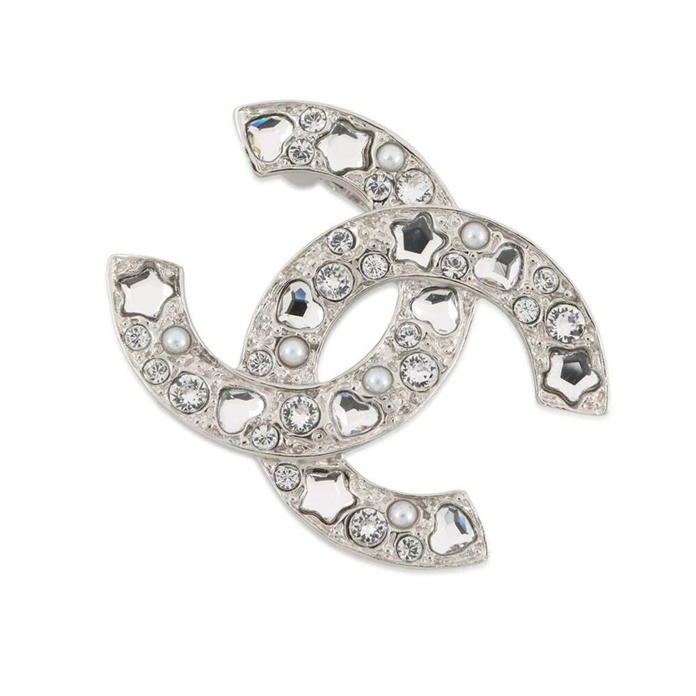 CHANEL Silver Pearl Logo Brooch